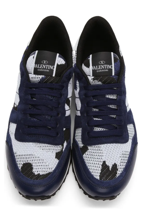 Valentino Garavani White & Navy Mesh Camouflage Rockrunner Sneakers (WY0S0723VCN) (5)