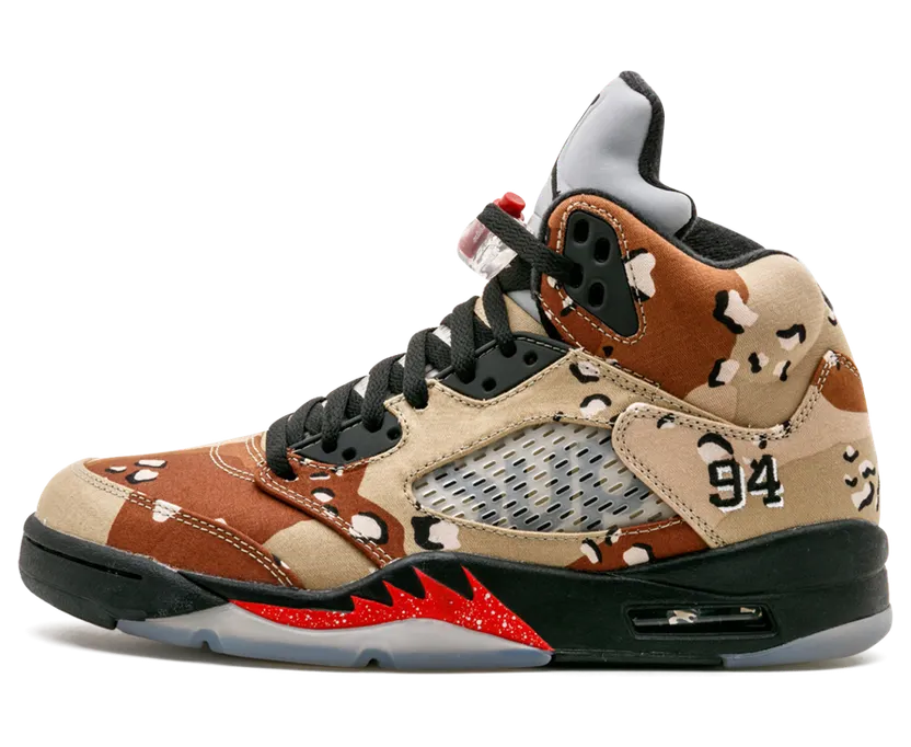 Supreme x Air Jordan 5 Retro ‘Desert Camo’ Chips Camo/Black-Fire Red (824371-201)