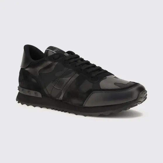 Valentino garavani Rockrunner Camouflage Leather and Suede Sneakers Black (S0723NSD0NO)