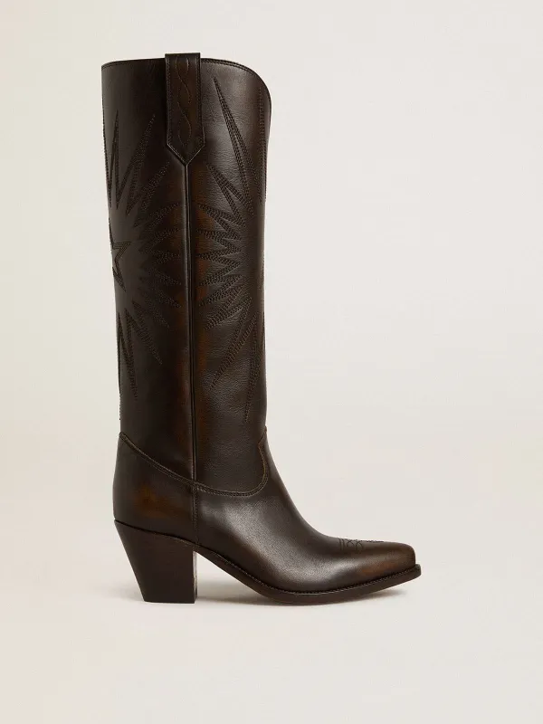 Golden Goose Wish Star Boots In Dark Brown Leather With Tone-On-Tone Embroidered Star (GWF00779.F006291.55390)