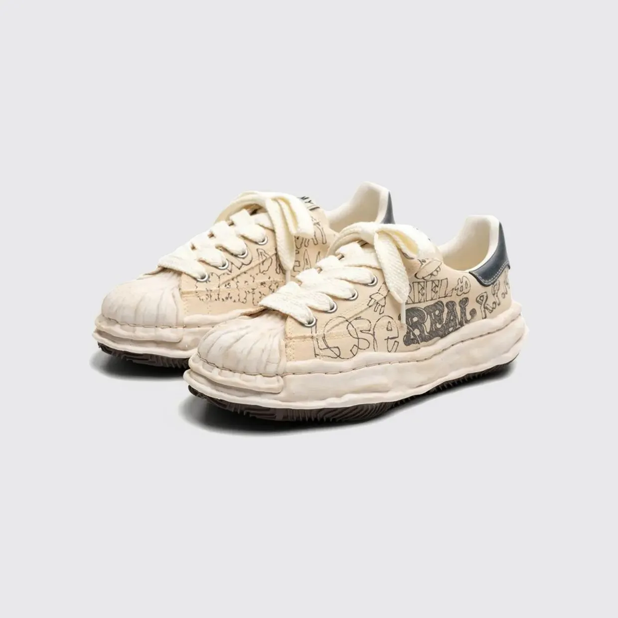 Maison Mihara Yasuhiro Blakey OG Used Effect Printed Cotton Canvas Sneakers White (A16FW730WHITE)