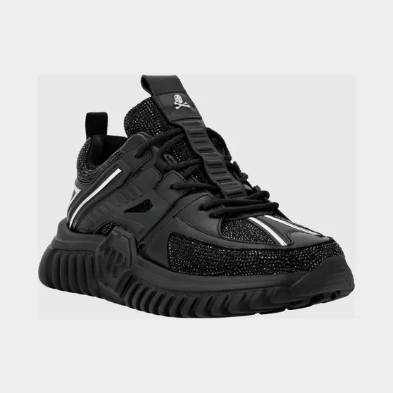Philipp plein Leather Low-Top Sneakers with Rhinestones and Hexagon Logo Black (PACSUSC0463PLE075N02)