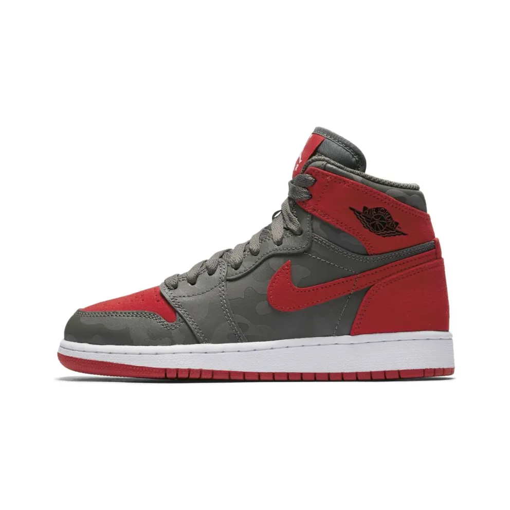 Jordan 1 Retro High Camo 3M Bred (GS) River Rock/Black-University Red-Dark Stucco-White (822858-032)