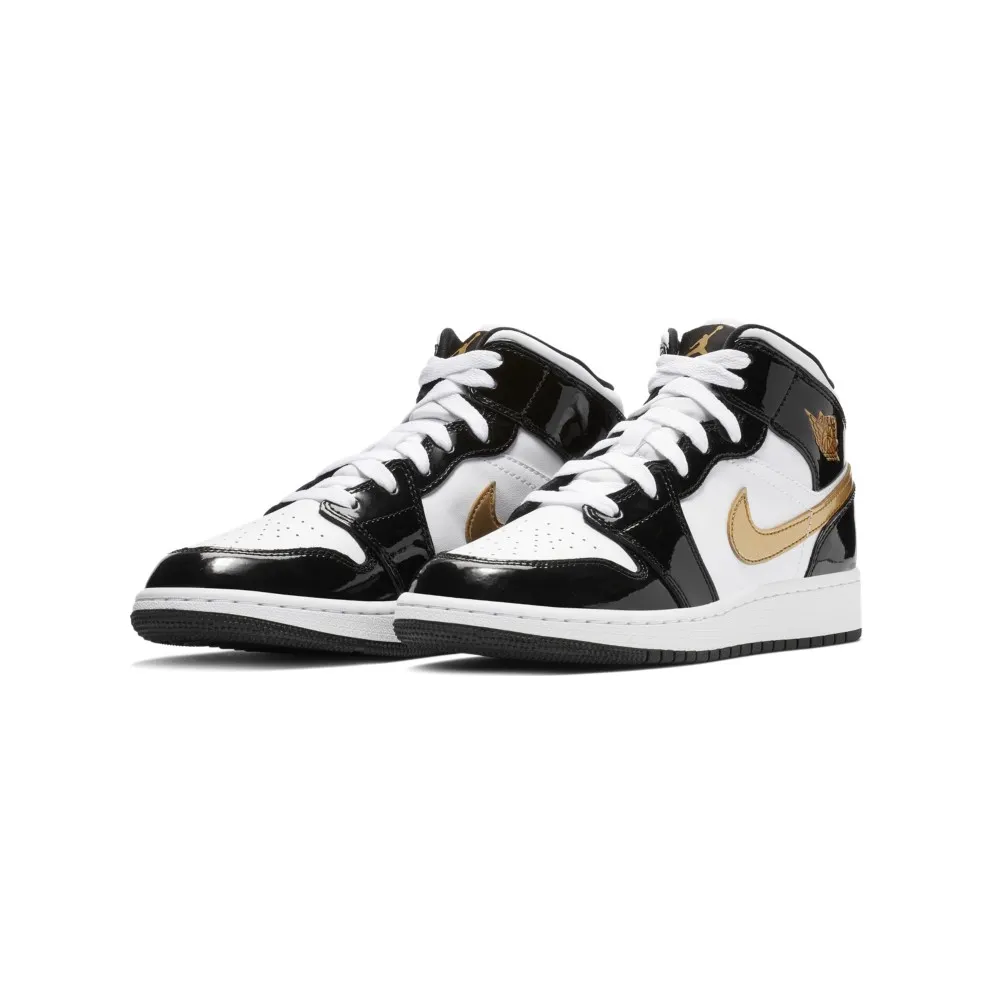 Jordan 1 Mid Patent Black White Gold (GS)