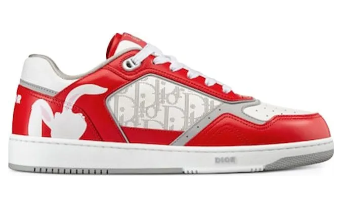 Dior B27 Low ERL Red and White Smooth Calfskin and White Dior Oblique Galaxy Leather with Rabbit Motif (3SN272ZWB_H300)