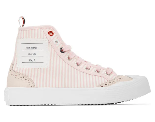 Thom Browne Pink and White Striped Brogued High-Top Sneakers (FFD047B-00572)