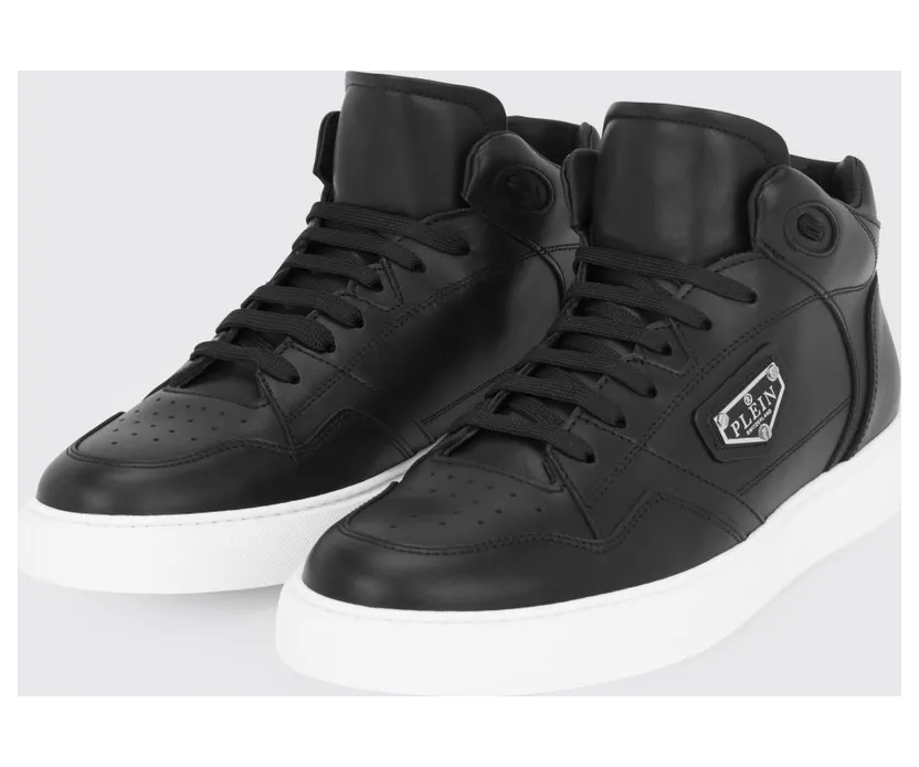 Philipp plein High-Top Lace-Up Sneakers in Smooth Leather with Perforated Toe Black (UAESUSC0891PLE005N02)