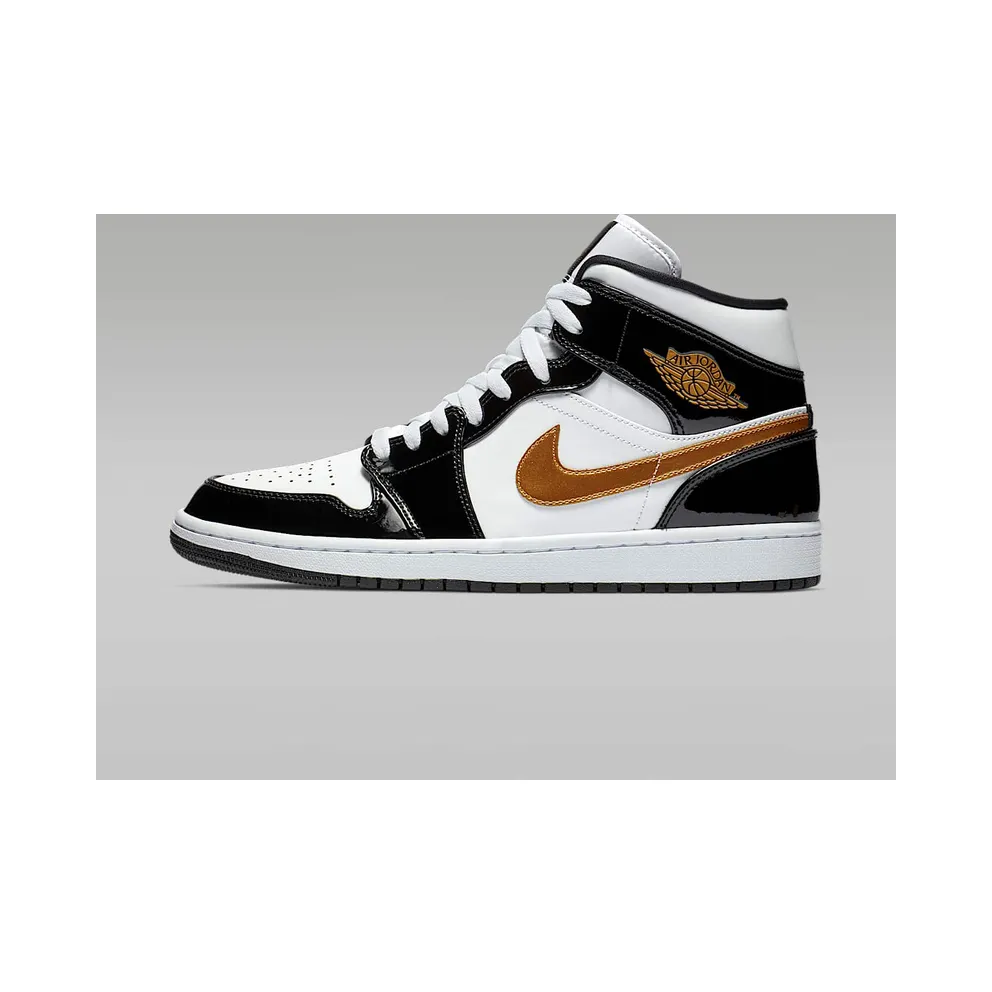 Air Jordan Nike AJ I 1 Mid Patent Black White Gold (852542-007)