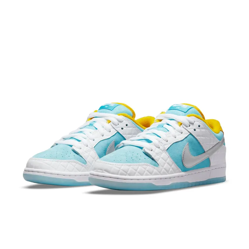 Nike x FTC SB Dunk Low (2021) – “White / Lagoon Pulse-metallic Silver-speed Yellow” (DH7687-400)