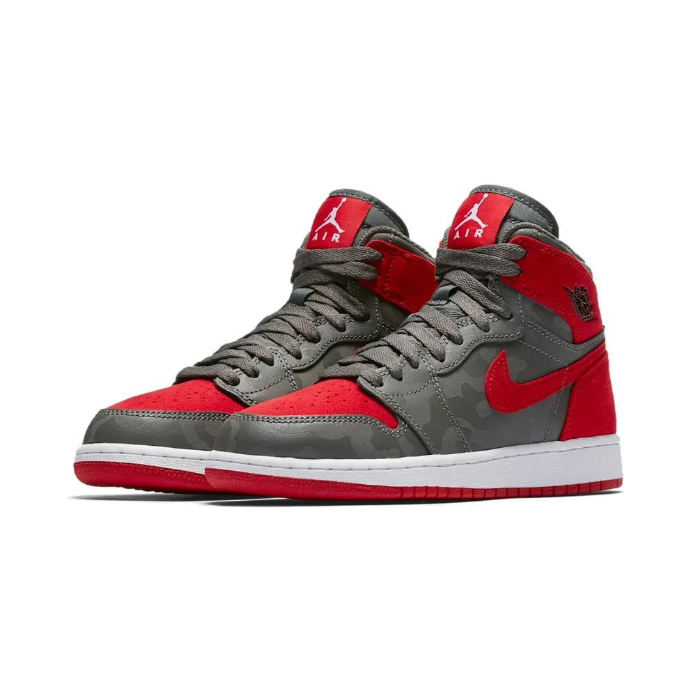 Jordan 1 Retro High Camo 3M Bred (GS) River Rock/Black-University Red-Dark Stucco-White (822858-032)