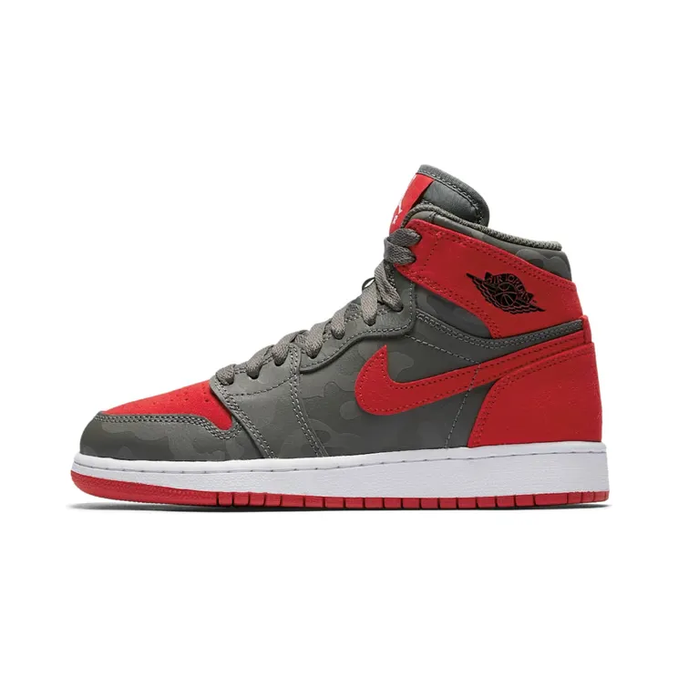 Air Jordan 1 Retro High PRM GS Camo “River Rock / University Red / White / Black” (822858-032)