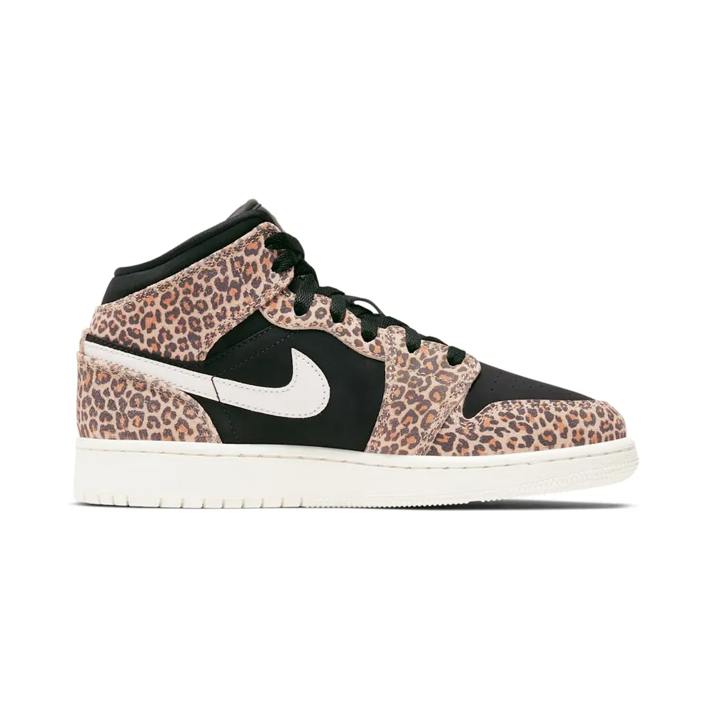 Jordan 1 Mid SE Leopard (GS) Black/Pale Ivory-Desert Ore (BQ6931-021)