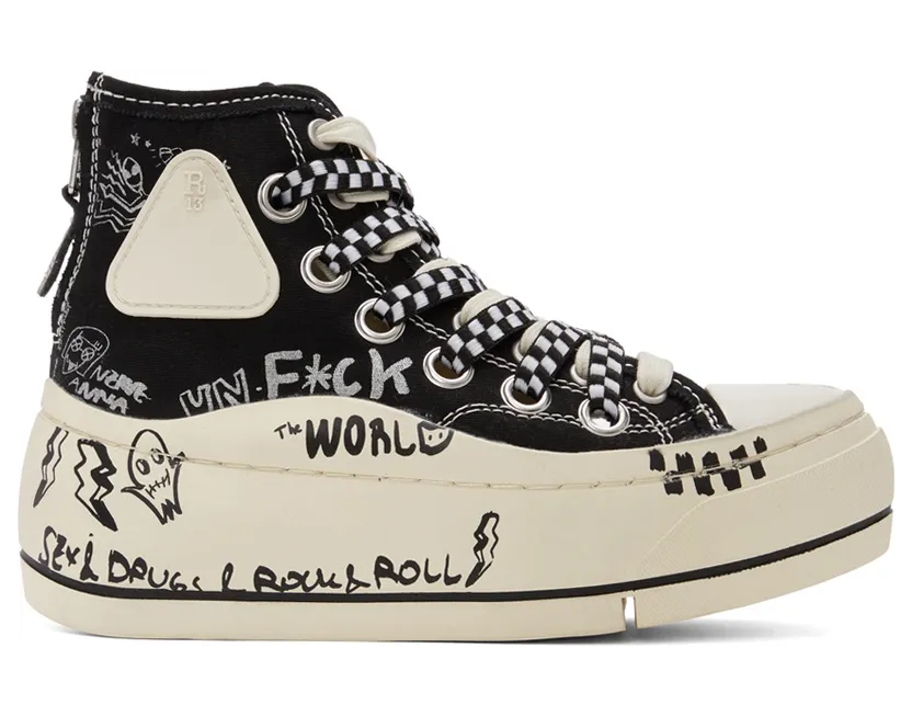 R13 Black Graffiti Double Grommet Kurt Sneakers (R13S5030-S048C)