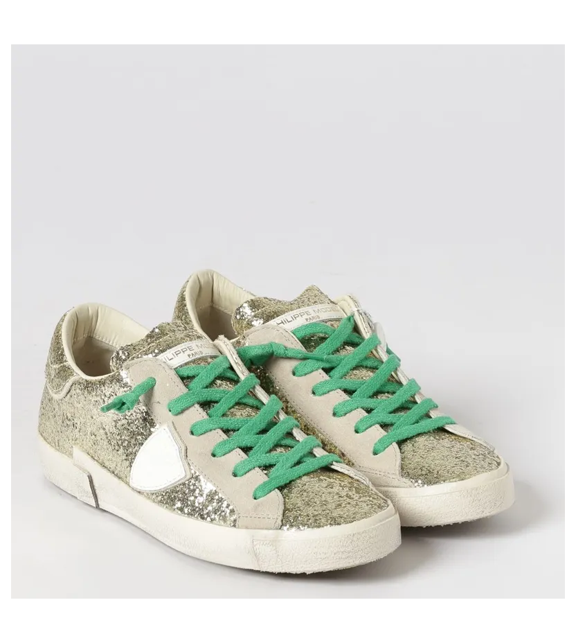 Philippe Model Low-Top Sneakers in Leather and Fabric with Glitter and Embroidery Gold (PRLDGG08)