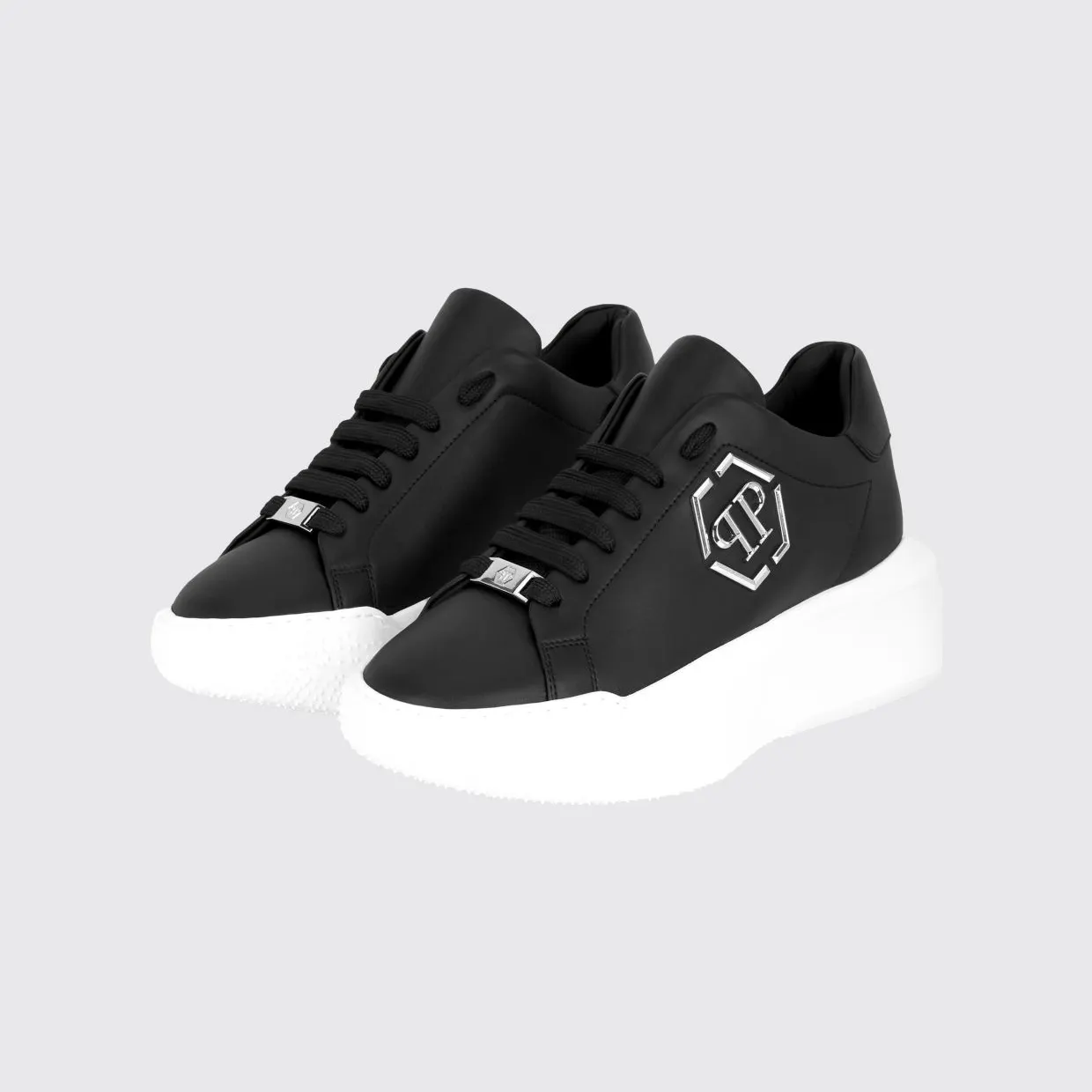 Philipp plein Low-Top Leather Sneakers with Hexagon Logo and Platform Sole Black (UAFSUSC1081PLE010N02)