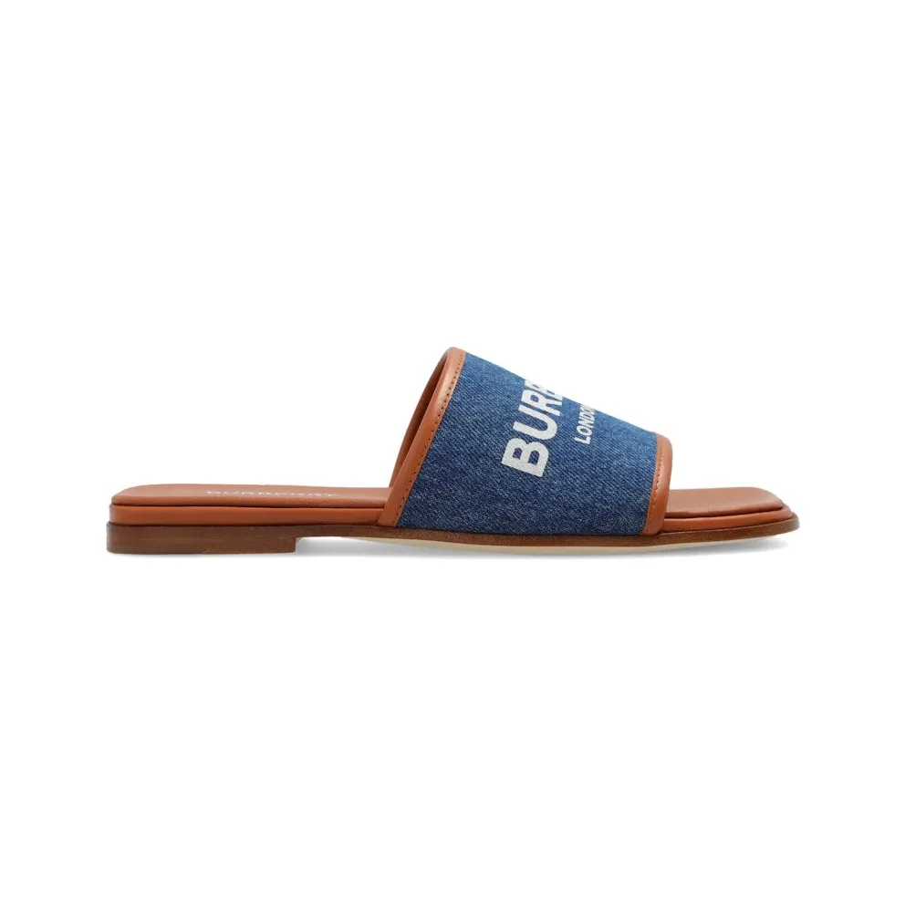Burberry Logo Print Slide Sandals Denim Blue Tan (8070752)