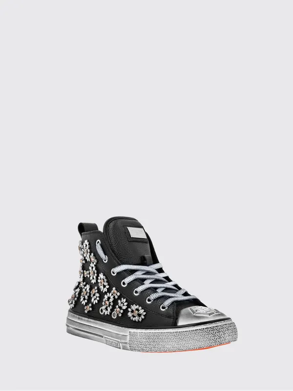 Philipp plein Grained Leather High-Top Sneakers with Rhinestones and Hexagon Logo Black (FAASWSC2177PLE010N02)