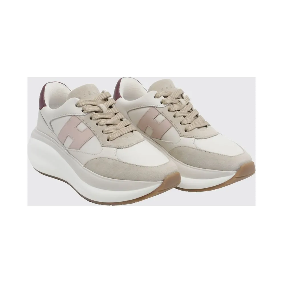 Hogan Maxi I Active Leather and Suede Trainers with H Logo and Chunky Sole Beige (HXW7140GA40UHC0R1T)