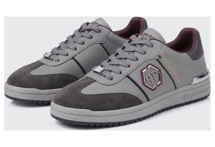 Philipp plein Retro Hustle Leather Sneakers with Hexagon Logo Grey (AAFSUSC1062PLE022N10)