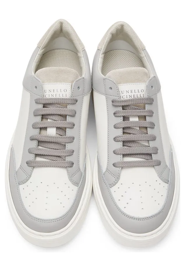 Brunello Cucinelli Grey & White Leather Low Sneakers (MZUBBSJ226) (5)