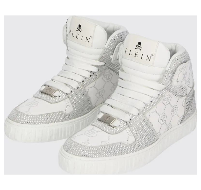 Philipp plein Leather Sneakers with Applied Rhinestones White (AAESUSC0865PLE022N01)