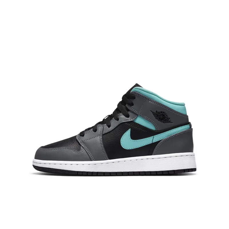 Jordan 1 Mid Grey Aqua (GS) Black/Light Aqua-Dark Smoke Grey (554725-063)