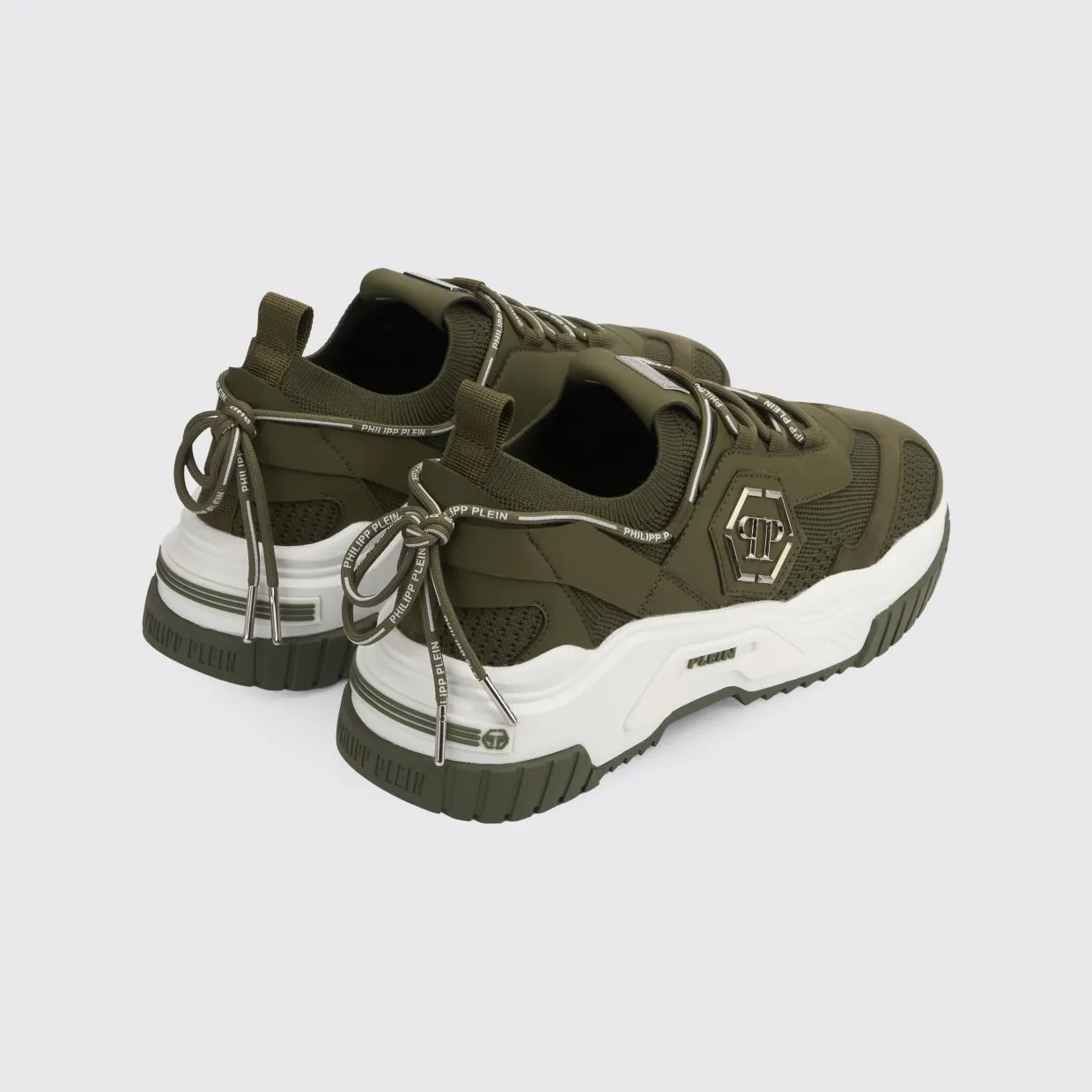Philipp plein Low-Top Sneakers in Crochet Knit and Leather with Metallic Hexagon Logo Green (FABSUSC0248PTE003N05) (2)