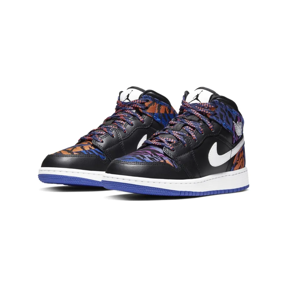 Jordan 1 Mid Multi-Color Tiger Stripe (GS) Black/White-Rush Violet-Black (AV5174-005)