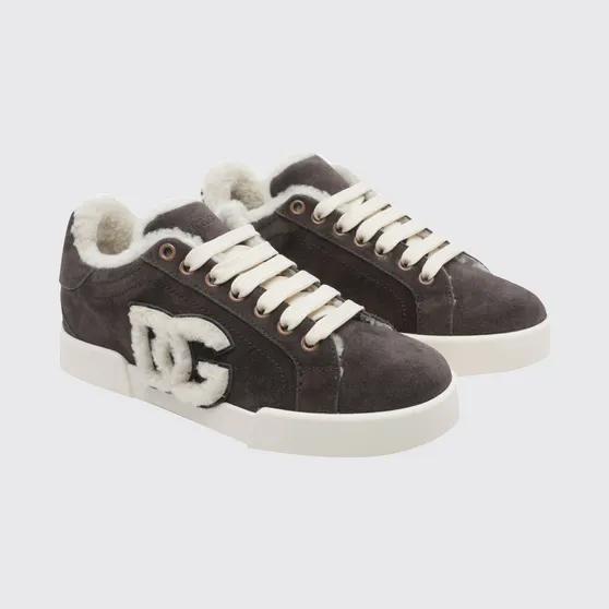 Dolce & Gabbana Low-Top Sneakers in Shearling and Suede with DG Monogram Brown (CK2374AJ2228L832)