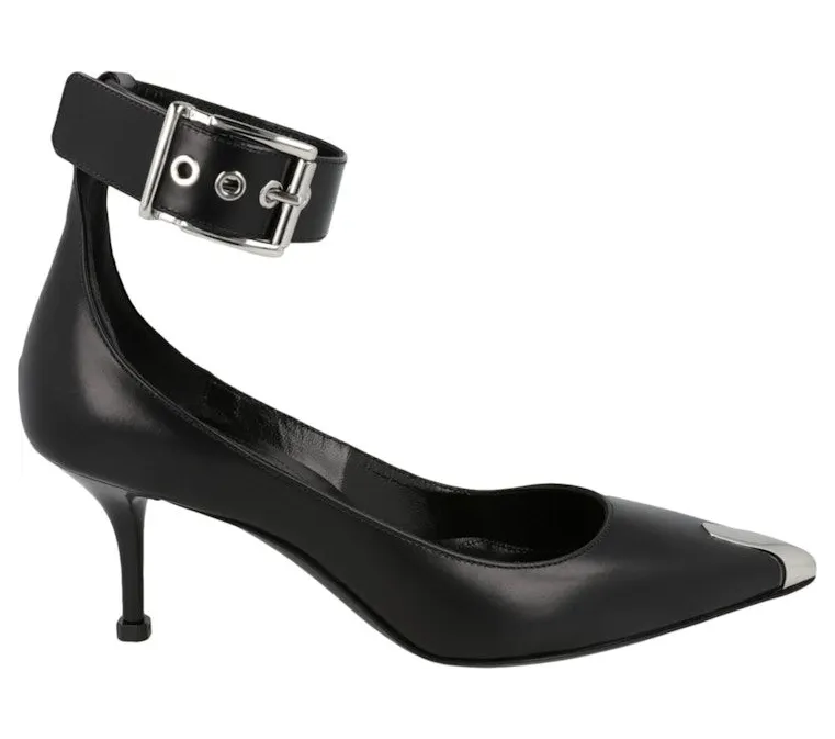 Alexander McQueen Buckle Leather Heels Black Silver (709995 WHSWD 1081)