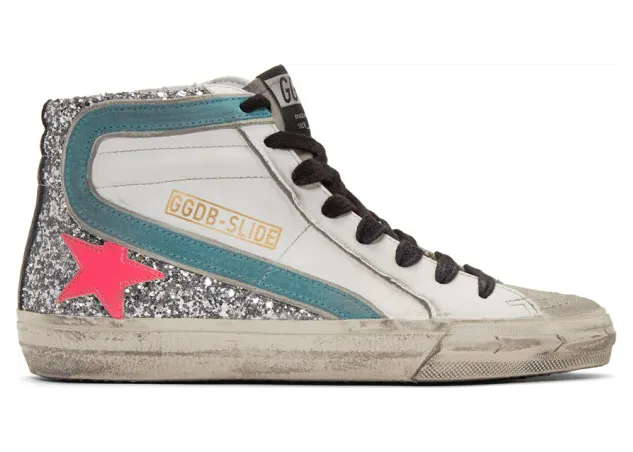 Golden Goose White and Silver Glitter Slide Sneakers (G36WS595.A76)