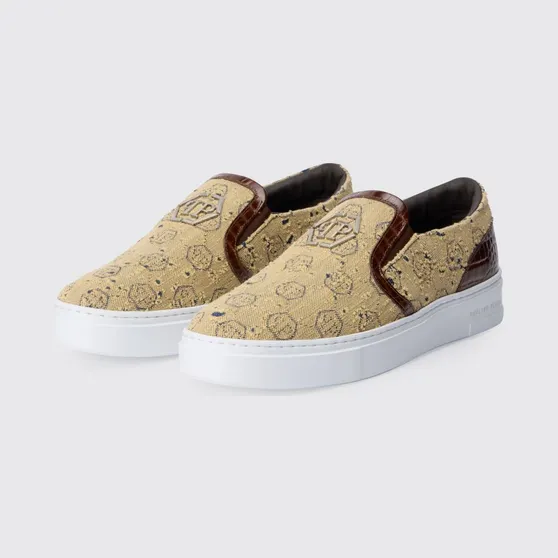 Philipp plein Canvas Sneakers with Hexagon Jacquard Brown (SAFSUSC0919PDE037C04)