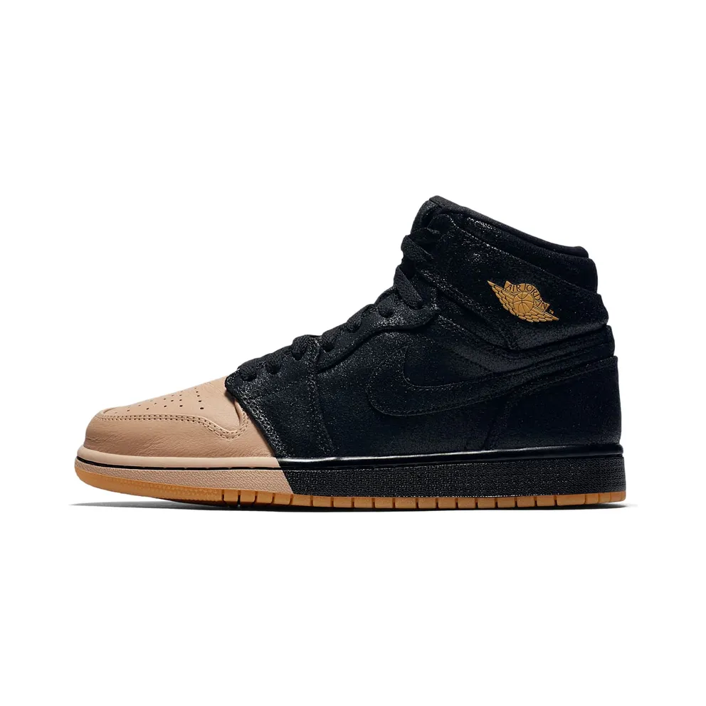 Air Jordan Womens Nike AJ I 1 Retro High Premium PRM ‘Dipped Toe Pack’ Black Tan (2018) (AH7389-007)