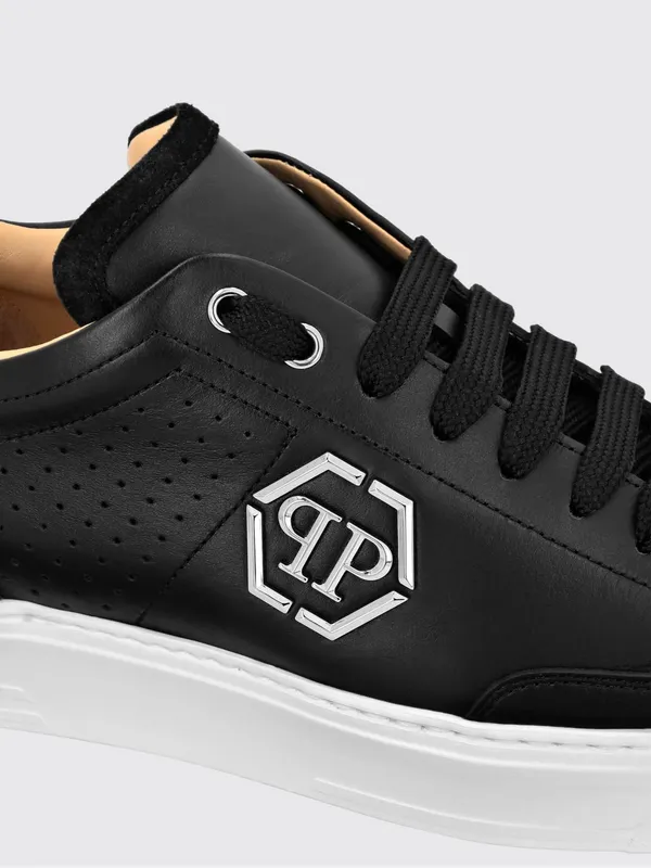 Philipp plein Leather Low-Top Sneakers with Monogram Pattern and Applied Hexagon Logo Black (SADSUSC0538PLE022N02) (2)