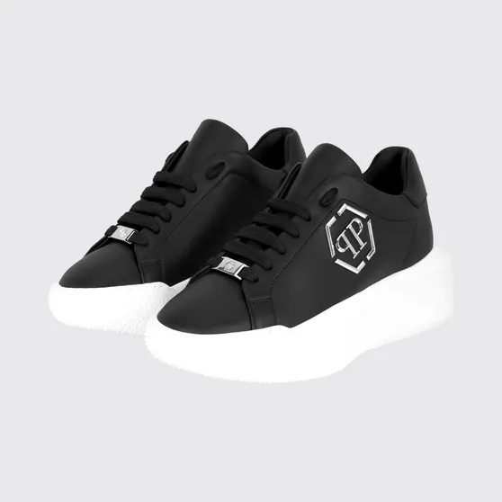 Philipp plein Low-Top Leather Sneakers with Hexagon Logo and Platform Sole Black (UAFSUSC1081PLE010N02)