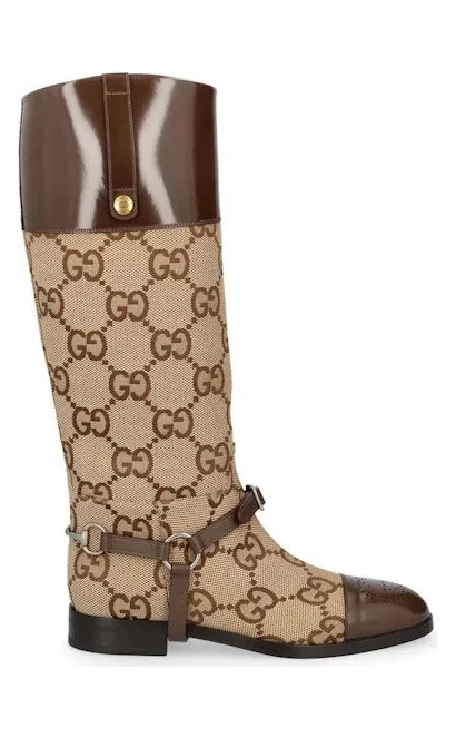 Gucci GG Round Toe Knee-High Boots Beige Brown (674673 UK050 2597)