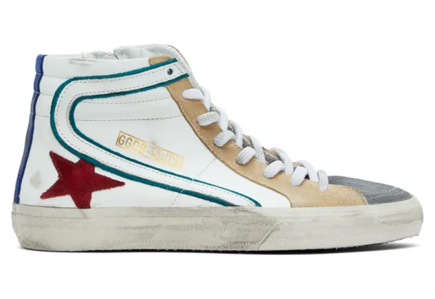 Golden Goose White and Green Slide High-Top Sneakers (GMF00115.F000380.8033)