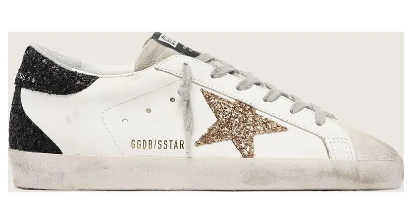 Golden Goose Women’S Super-Star In Nappa Leather With Gold Glitter Star And Black Glitter Heel Tab (GWF00102.F000959.80724)