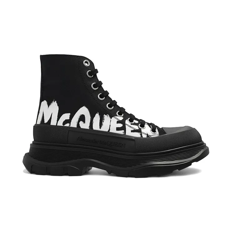 Alexander McQueen Tread Slick High Top Sneakers McQueen Graffiti Logo Black White (708752 W4RQ2 1006)