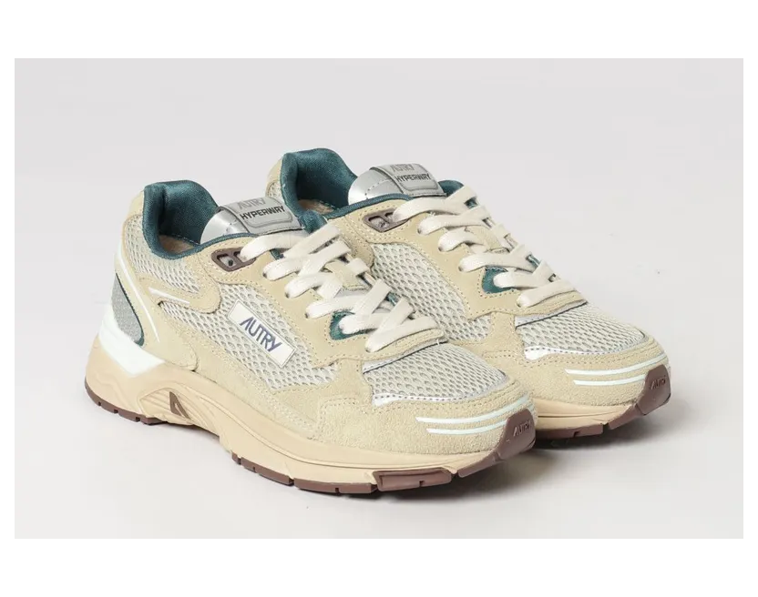 Autry Hyperway Two-Tone Leather and Mesh Sneakers with Cut-Out Logo Beige (HYLWCI04)