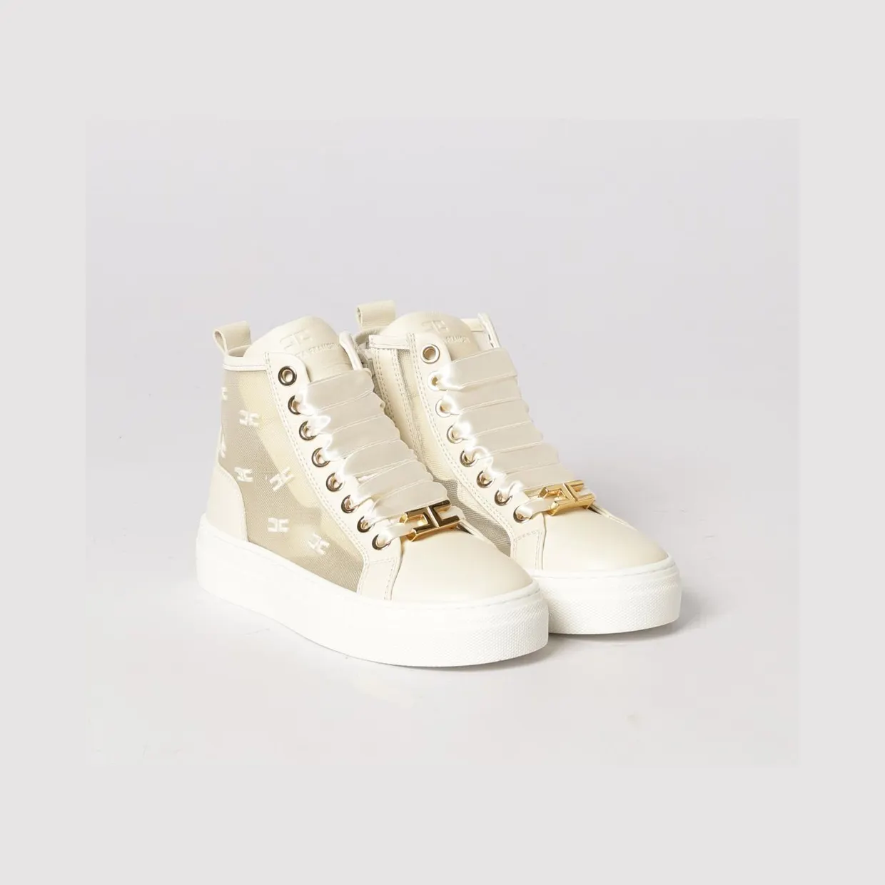 Elisabetta Franchi Sneakers in Leather and Mesh Nylon with Monogram Butter (F4A9E05361922698)