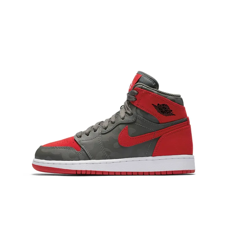 Jordan 1 Retro High Camo 3M Bred (GS) River Rock/Black-University Red-Dark Stucco-White (822858-032)