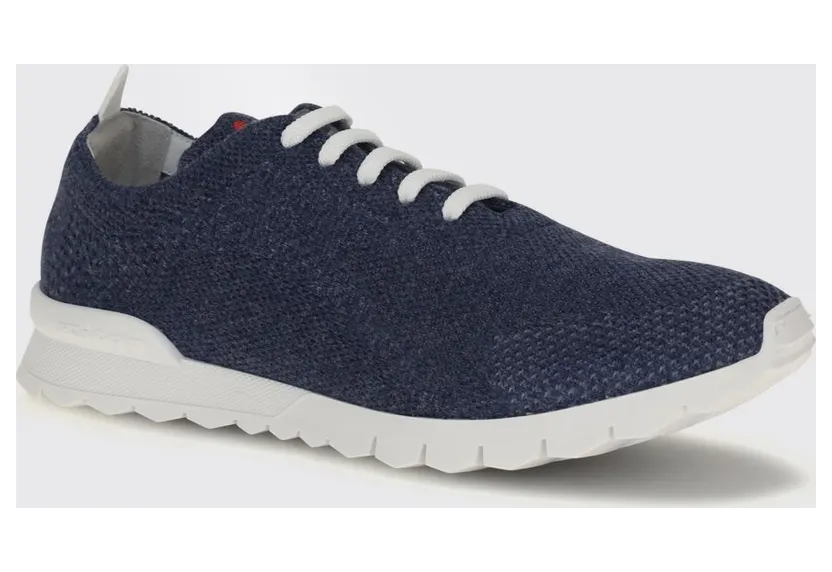 Kiton Low Top Sneakers in Stretch Cotton Knit with Lettering Logo Indigo (USSFITSN0084772INDACO)