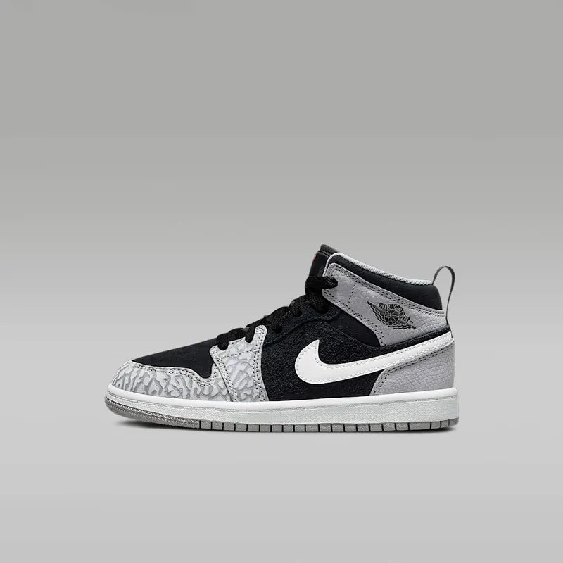 Jordan 1 Mid PS Elephant Print “Black / White / Light Smoke Grey / University Red” (DM6215-016)