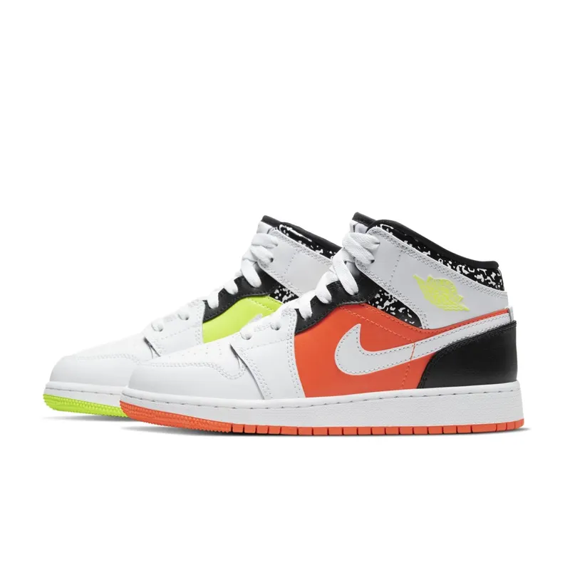 Jordan 1 Mid Composition Notebook (GS) Orange/Volt-Black-White (554725-870)