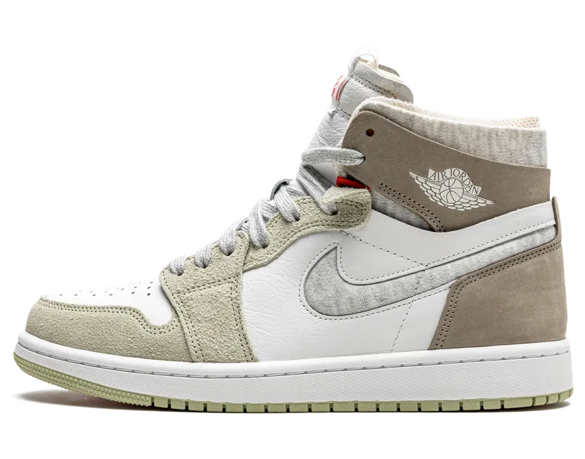 Jordan 1 High Zoom CMFT Olive Aura (W) – “White / Grey Heather-olive Aura-khaki” (CT0979-102)