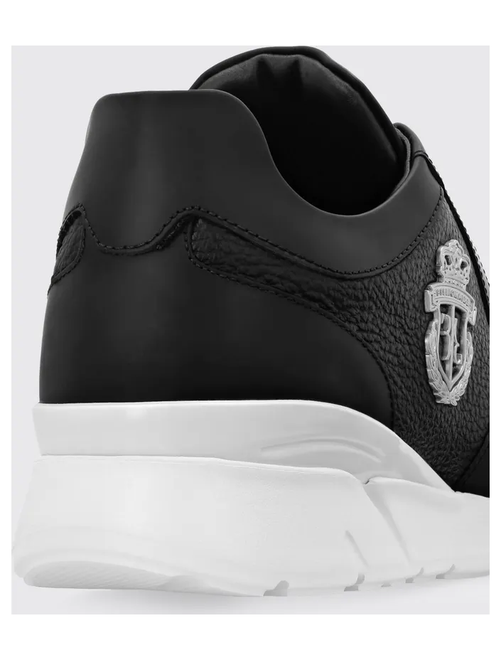 Billionaire Crest Runner Sneakers in Smooth and Grained Leather with Metallic Logo White 1 (RAESMSC2890BLE001N0201) (2)