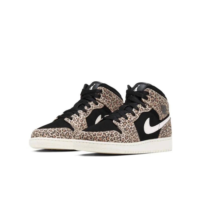 Jordan 1 Mid SE Leopard (GS) Black/Pale Ivory-Desert Ore (BQ6931-021)