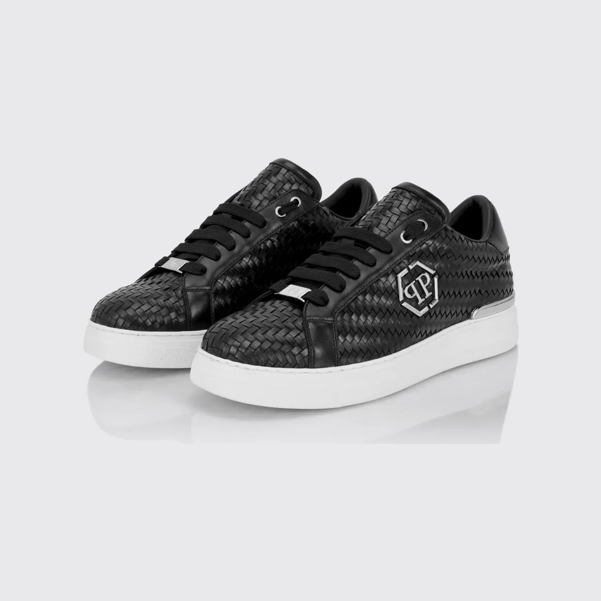 Philipp plein Woven Leather Low-Top Sneakers with Hexagon Logo Black (FAFSMSC4090PLE010N02)