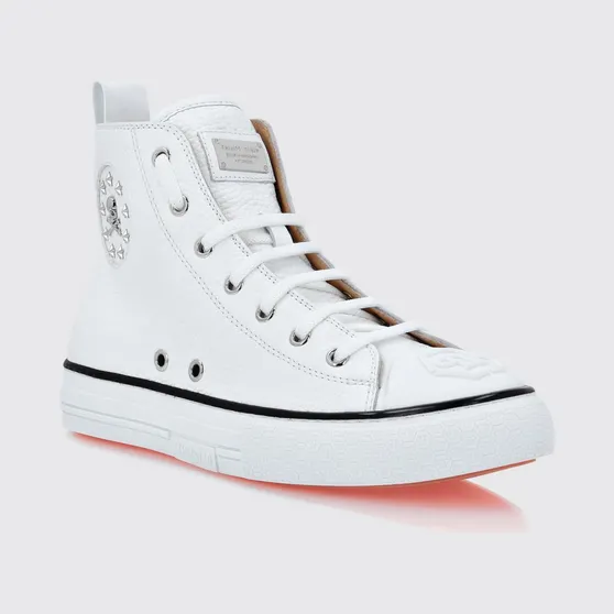 Philipp plein High-Top Hammered Leather Sneakers with Skull and Star Print White (PAASWSC2098PLE010N01)